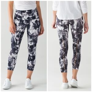 Lululemon High Times Black High Rise Floral Rose Cut Out Luxtreme Crop Leggings